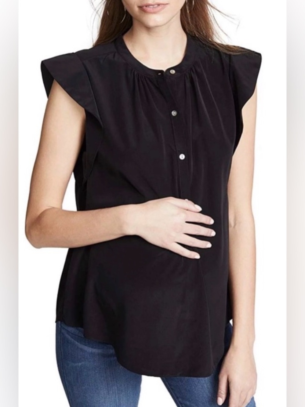 Hatch The Georgina Black Flutter Sleeve Button Shirt